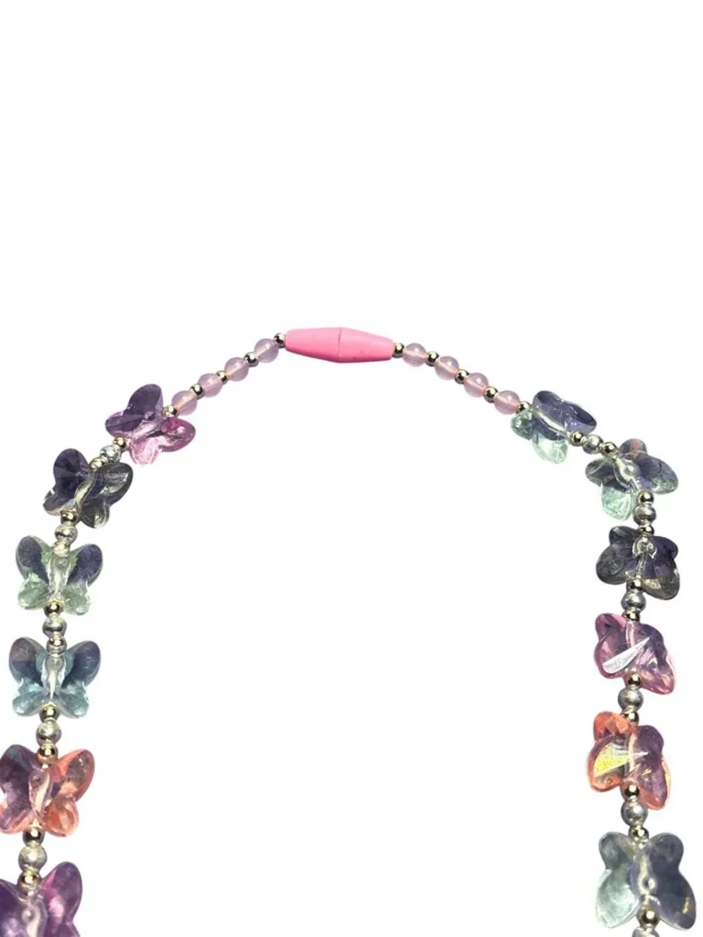 Girls Pastel Plastic Butterfly Beaded Necklace Silvertone Spacer Beads